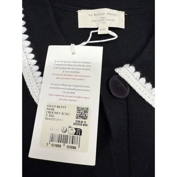 NWT Sézane Gilet Betty Wool Cardigan XXL Black Crochet Trim Button Front - Picture 9 of 10